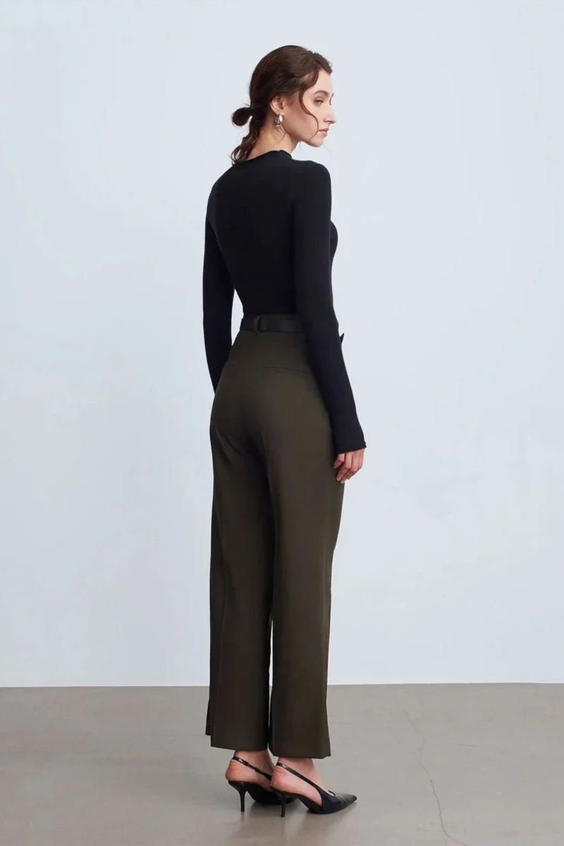 Dilvin Khaki Green DILVIN Women's Wide-leg Pleated Crepe Trousers for Women | Best Price UAE
