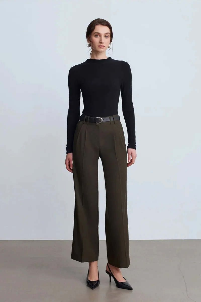 Dilvin Khaki Green DILVIN Women's Wide-leg Pleated Crepe Trousers for Women | Best Price UAE
