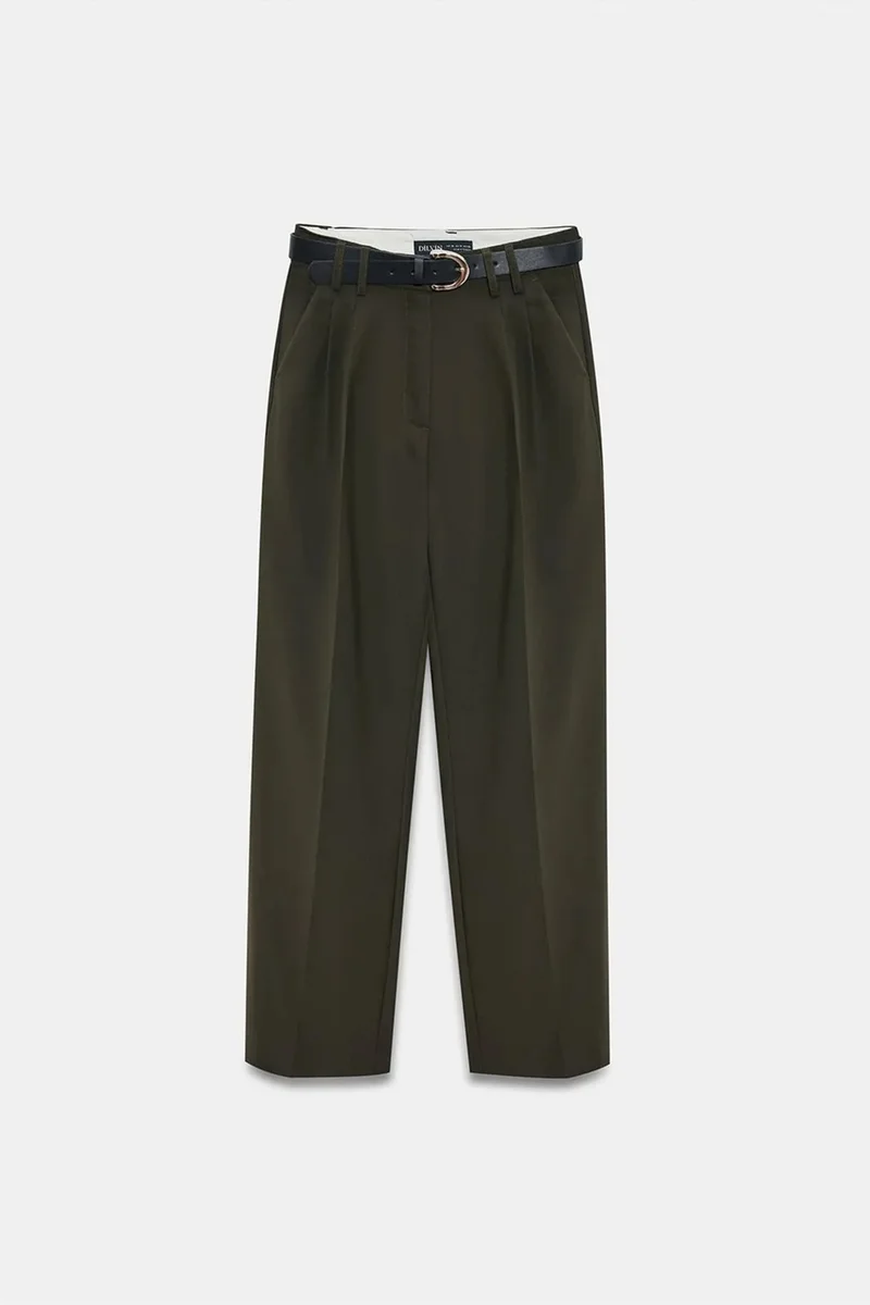 Dilvin Khaki Green DILVIN Women's Wide-leg Pleated Crepe Trousers for Women | Best Price UAE