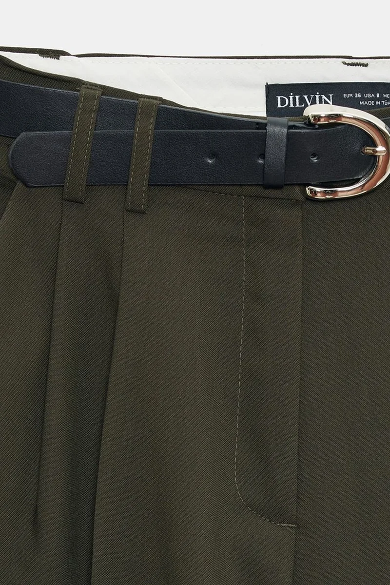 Dilvin Khaki Green DILVIN Women's Wide-leg Pleated Crepe Trousers for Women | Best Price UAE