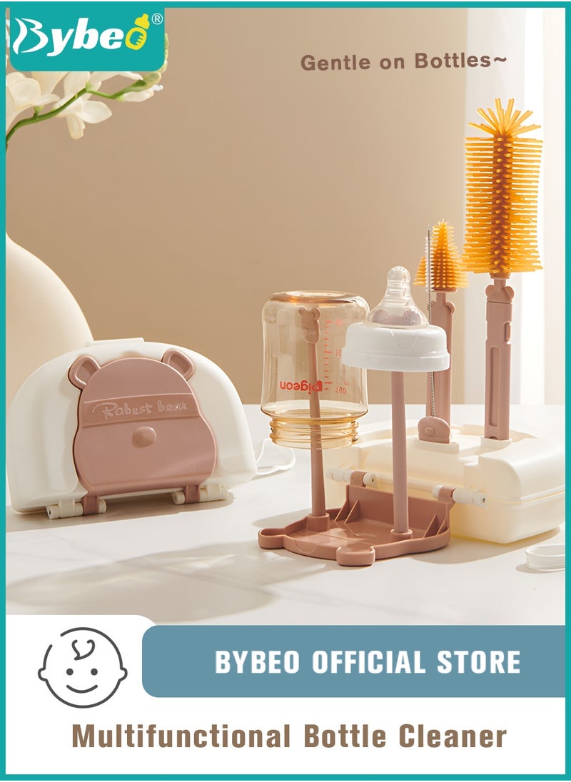 Bybeo 6 in 1 Baby Bottle Cleaning Brush Set, Travel Baby Bottle Brush Cleaner Set with Silicone Bottle Brush x Nipple Brush x Dispenser Bottle x Straw Brush x Drying Rack x Storage Box  - Image 1