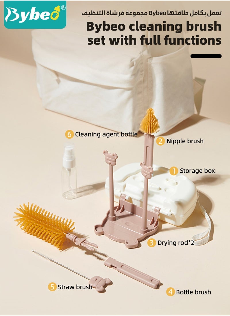 Bybeo 6 in 1 Baby Bottle Cleaning Brush Set, Travel Baby Bottle Brush Cleaner Set with Silicone Bottle Brush x Nipple Brush x Dispenser Bottle x Straw Brush x Drying Rack x Storage Box  - Image 3