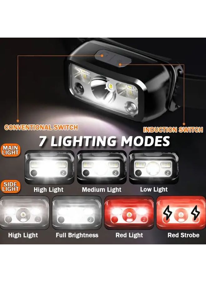1 قطعة كشاف أمامي LED USB قابل لإعادة الشحن مع استشعار الحركة، مزود بضوء تحذيري أحمر متقطع من نوع COB، للإصلاح والمغامرة والشواء والمشي والركض، مع زاوية قابلة للتعديل لمصباح الرأس. - Image 4