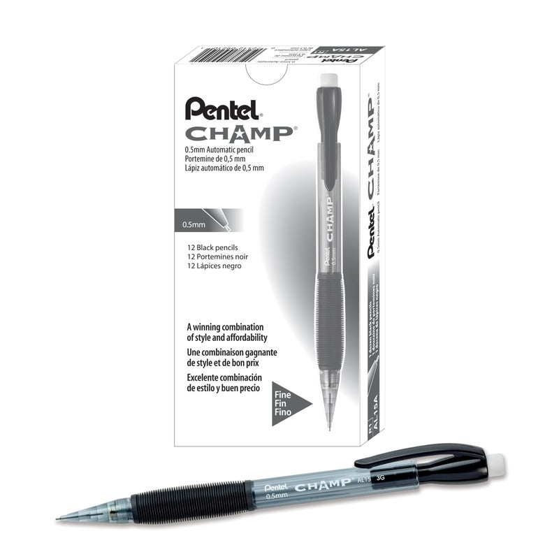 Pentel قلم رصاص ميكانيكي بنتل AL15A تشامب، 0.5 مم، برميل رمادي شفاف، دزينة - Image 3