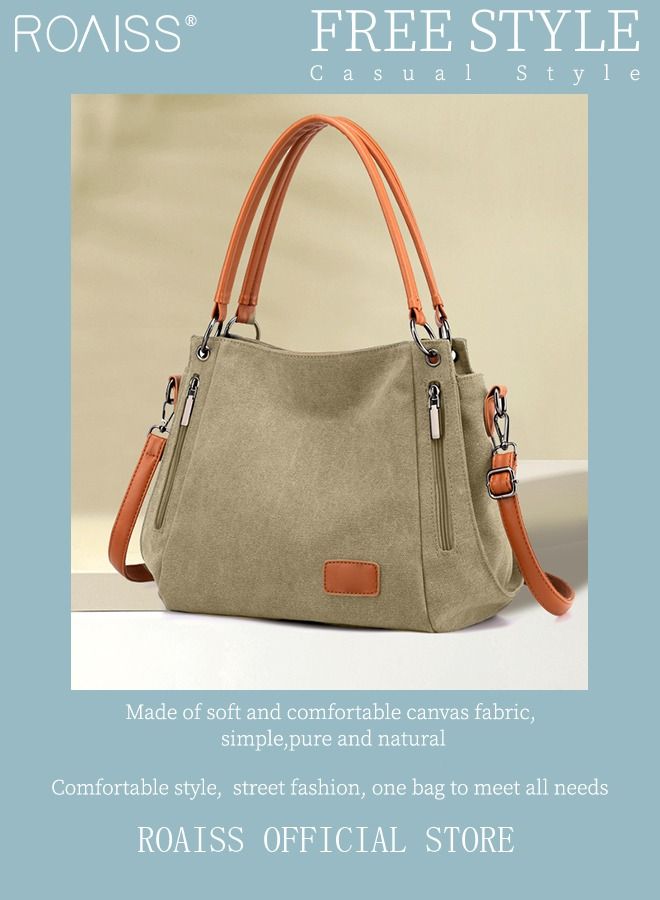 roaiss Large Capacity Shoulder Tote Bag Casual Canvas Handbag Crossbody with Long Strap Multi Pocket for Young Women Teenagers School  - Image 4