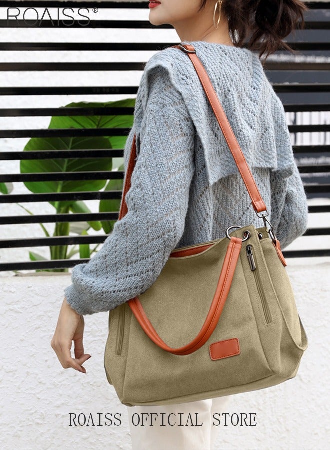 roaiss Large Capacity Shoulder Tote Bag Casual Canvas Handbag Crossbody with Long Strap Multi Pocket for Young Women Teenagers School  - Image 1