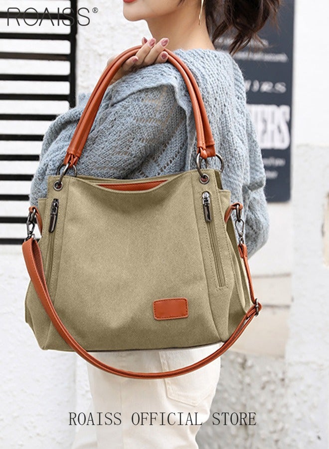 roaiss Large Capacity Shoulder Tote Bag Casual Canvas Handbag Crossbody with Long Strap Multi Pocket for Young Women Teenagers School  - Image 2