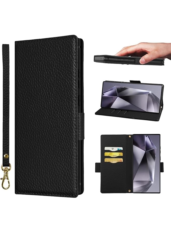 إيروريكس حافظة محفظة لهاتف Samsung Galaxy S24 Ultra بقفل مغناطيسي وحامل معصم وحزام للبطاقات وغطاء قابل للطي مقاوم للصدمات باللون الأسود - Image 1