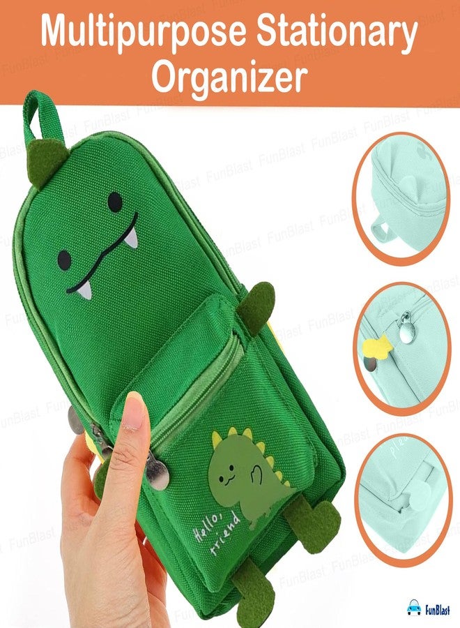 FunBlast Stylish Canvas Pencil Case, Large Capacity Hangable, Cute Cartoon Kids Pouch, Kawaii Aesthetic School & College Pouch (Green-Dino) - Image 2