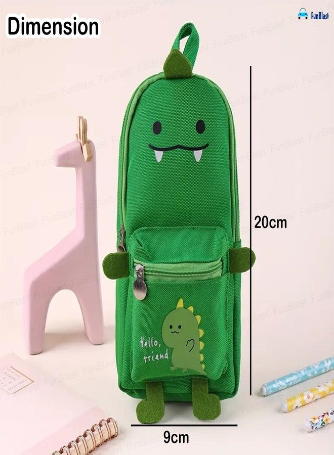 FunBlast Stylish Canvas Pencil Case, Large Capacity Hangable, Cute Cartoon Kids Pouch, Kawaii Aesthetic School & College Pouch (Green-Dino) - Image 3