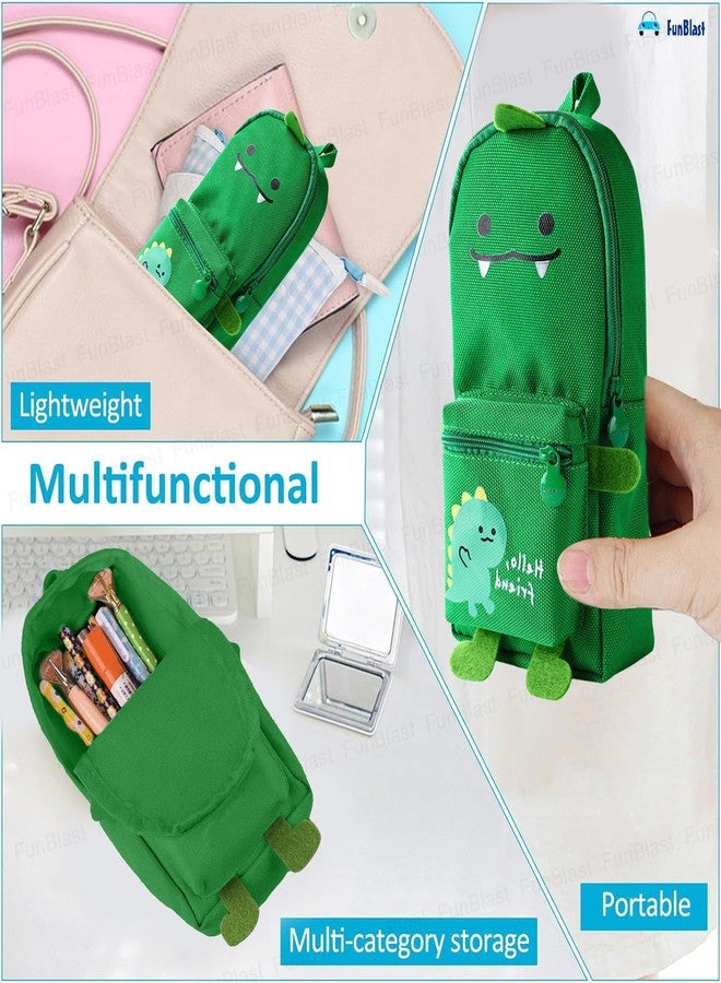 FunBlast Stylish Canvas Pencil Case, Large Capacity Hangable, Cute Cartoon Kids Pouch, Kawaii Aesthetic School & College Pouch (Green-Dino) - Image 4