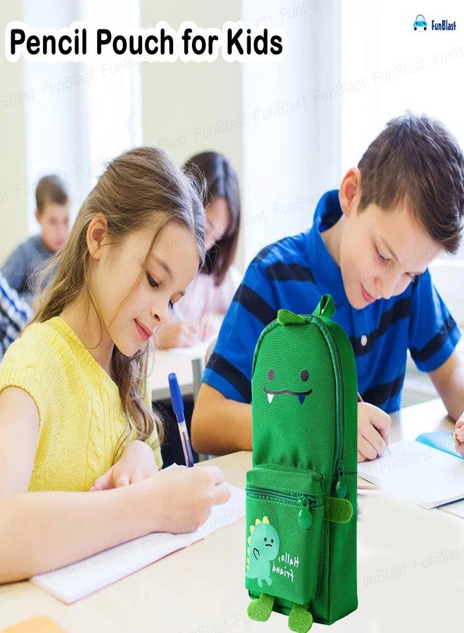 FunBlast Stylish Canvas Pencil Case, Large Capacity Hangable, Cute Cartoon Kids Pouch, Kawaii Aesthetic School & College Pouch (Green-Dino) - Image 5