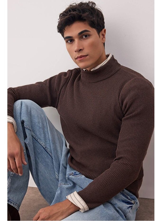 trendyol Half Turtleneck Brown Corded Sweater  Cotton, - Image 4