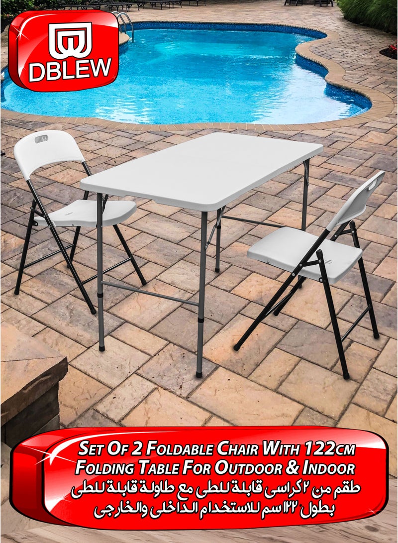 دي بلو طاولة مستطيلة متعددة الأغراض قابلة للطي مقاس 122 سم مع كرسيين قابلين للطي، مجموعة محمولة من 3 قطع، سطح طاولة بلاستيكي شديد التحمل بإطار من الألومنيوم وكراسي قابلة للطي مريحة للمنزل وغرفة النوم وغرفة المعيشة والشرفة والمكتب والكمبيوتر المحمول والكمبيوتر والمدرسة والفصول الدراسية ودراسة الطلاب وتناول الطعام والنزهات الخارجية والصيد والتخييم والشواء والحديقة والفناء والمشي لمسافات طويلة وقاعات المؤتمرات والفعاليات، صغيرة الحجم وخفيفة الوزن وسهلة التخزين، مقعد مكتب قابل للطي - Image 1