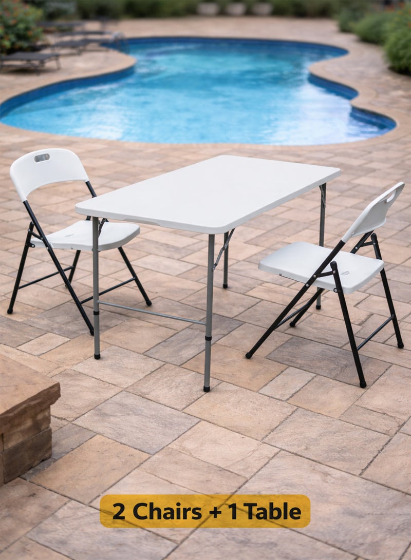 DBLEW Multipurpose Rectangle 122cm Folding Table with 2 Foldable Chairs  Portable 3 Piece Set Heavy-Duty Plastic Tabletop with Aluminum Frame & Ergonomic Folding Chairs for Home Bedroom Living Room, Balcony, Office, Laptop, Computer, School Classroom Student Study, Dining, Outdoor Picnics, Fishing, Camping, BBQ, Garden, Patio, Hiking, Conference Rooms & Events Compact, Lightweight and Easy to Store Collapsible Desk Stool Bench - Image 1