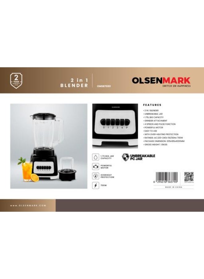 أولسنمارك خلاط أولسن مارك 2 في 1 – OMSB7080، 4 سرعات + نبض، وعاء بلاستيكي كبير، ملحق مطحنة - Image 2