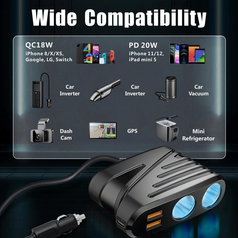 YIMI Car Cigarette Lighter Adapter, 120W USB Phone Charger QC 3.0 & PD 20W with Dual 2 Sockets, 12V/24V Vehicle Socket Lighter Splitter, Car Plug Adapter Multi Outlet with USB-C Fast Charge for Phone,TR-31 - Image 4