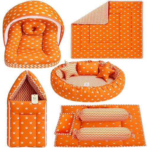 Infantbond New Born Baby Bedding Mosquito Net | Nest | Carry Bed | Carry Bag | Blanket (0-6 Months) (Orange Crown) - Image 1