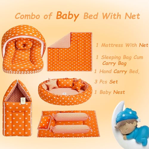 Infantbond New Born Baby Bedding Mosquito Net | Nest | Carry Bed | Carry Bag | Blanket (0-6 Months) (Orange Crown) - Image 2