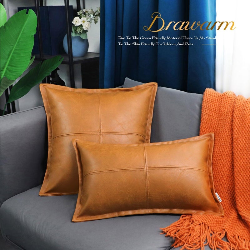 BRAWARM Tan Leather Throw Pillow 18 X 18 Inches, Faux Leather Pillow Cover with Piping, Hand Stitched Leather Decorative Throw Pillow Covers for Couch Sofa Bed Living Room Garden - Image 5