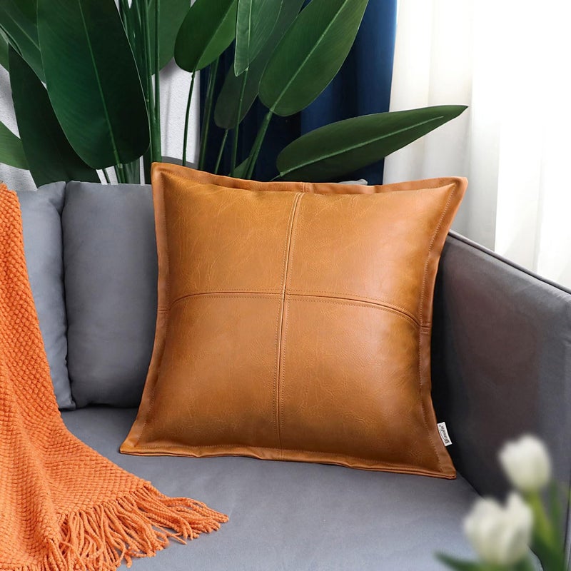 BRAWARM Tan Leather Throw Pillow 18 X 18 Inches, Faux Leather Pillow Cover with Piping, Hand Stitched Leather Decorative Throw Pillow Covers for Couch Sofa Bed Living Room Garden - Image 2