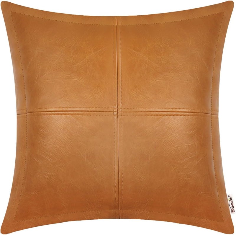 BRAWARM Tan Leather Throw Pillow 18 X 18 Inches, Faux Leather Pillow Cover with Piping, Hand Stitched Leather Decorative Throw Pillow Covers for Couch Sofa Bed Living Room Garden - Image 1