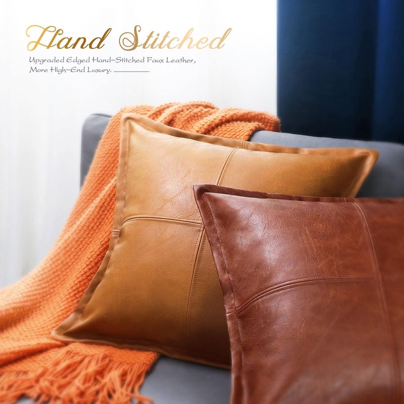 BRAWARM Tan Leather Throw Pillow 18 X 18 Inches, Faux Leather Pillow Cover with Piping, Hand Stitched Leather Decorative Throw Pillow Covers for Couch Sofa Bed Living Room Garden - Image 4