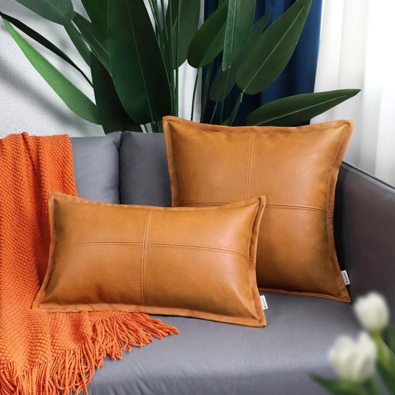 BRAWARM Tan Leather Throw Pillow 18 X 18 Inches, Faux Leather Pillow Cover with Piping, Hand Stitched Leather Decorative Throw Pillow Covers for Couch Sofa Bed Living Room Garden - Image 3