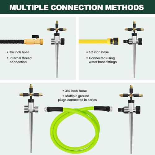 MOSIKEN 2 Pack Metal Sprinklers, for Targeted Coverage in Flower Beds and Vegetable Gardens, Series Connected with Aluminum Alloy Spike Base for Irrigation - Image 4