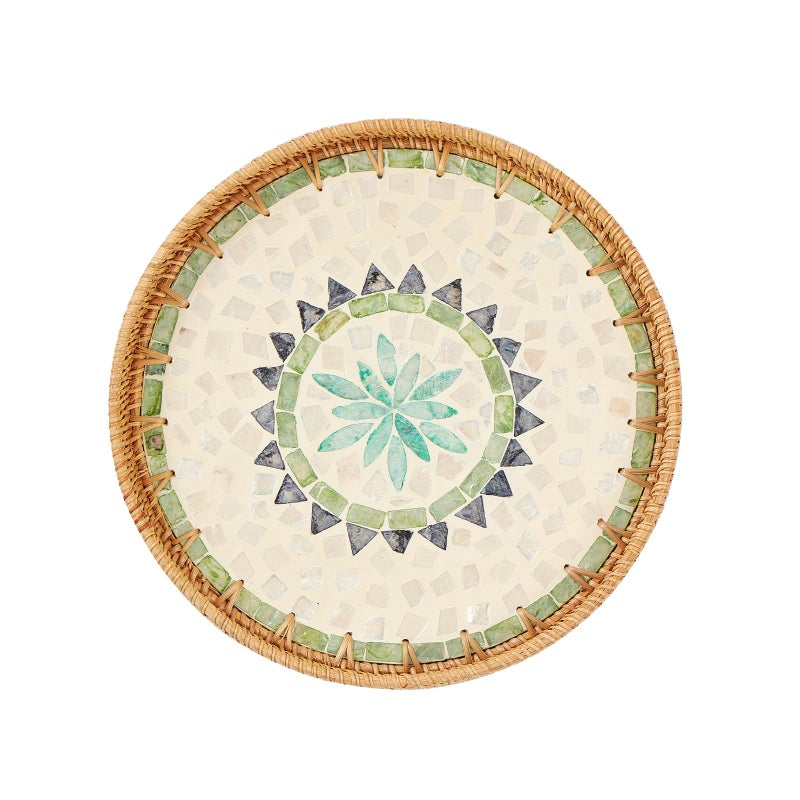 Kmelep Round Rattan Tray with Mother of Pearl Inlay Rattan Serving Tray with Wooden Base Decorative Wicker Basket for Table Decor Storage and Display of Coffee Bread Food Fruit Bohemia