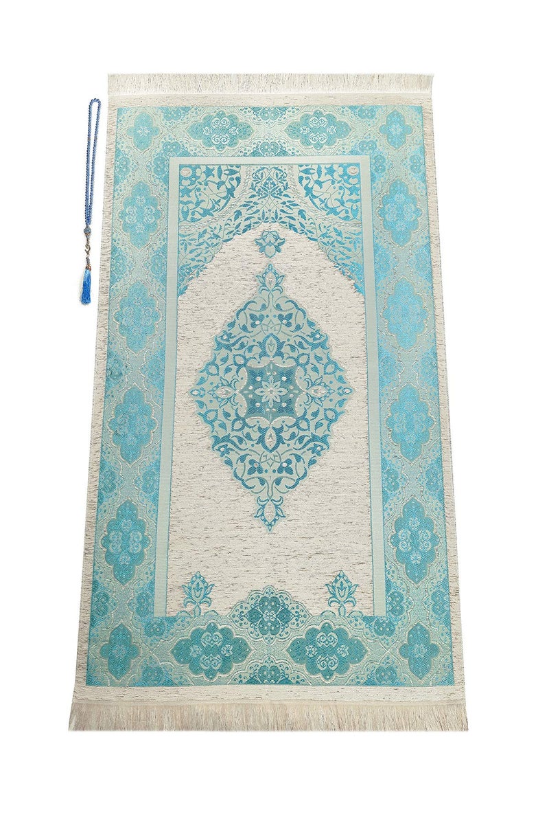 ihvan Online Muslim Prayer Rug with Prayer Beads Janamaz Sajadah Soft Islamic Prayers Rug Islamic Gift for Eid Ramadan Prayers Carpet Mat Chenille Fabric Turquoise