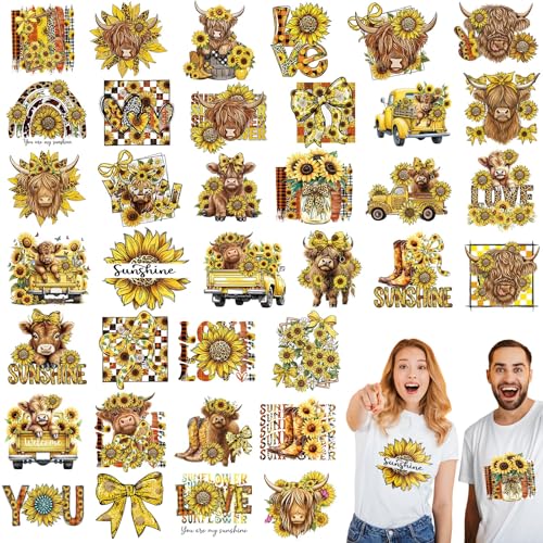 Tellingyou 36 Sheets Highland Cow Iron on Transfers Patches Sunflower Dtf Ready to Press Vinyl Iron on Patch Embroidered Applique for T Shirt Jacket Pillow Covers Backpack Hoodies DIY Spring Decors - Image 1