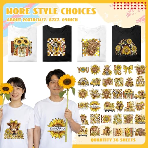 Tellingyou 36 Sheets Highland Cow Iron on Transfers Patches Sunflower Dtf Ready to Press Vinyl Iron on Patch Embroidered Applique for T Shirt Jacket Pillow Covers Backpack Hoodies DIY Spring Decors - Image 3
