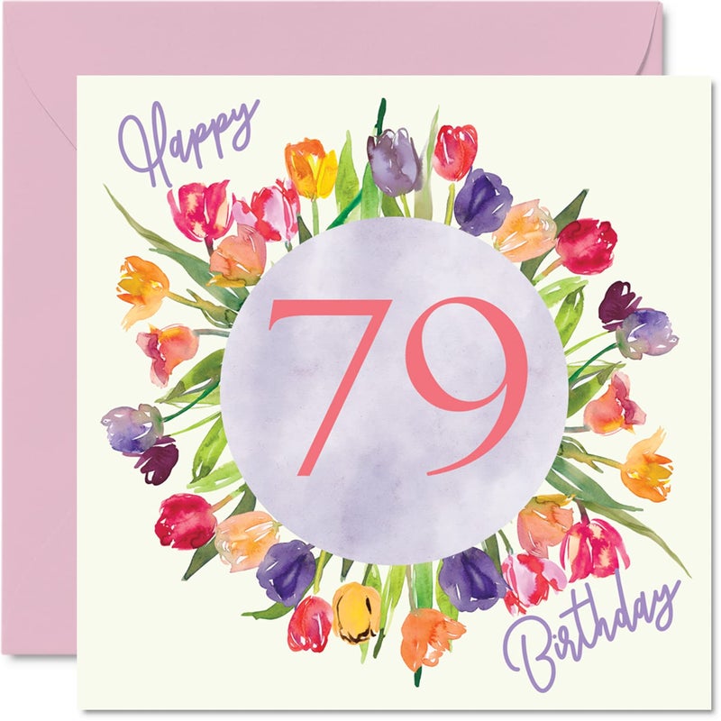 Stuff4 Beautiful 79th Birthday Cards for Women - Watercolour Tulips Flowers Bouquet - Happy Birthday Card for Her Grandma Nanny Gran Mom Birthday Gifts  5.7 x 5.7 Inch Lovely Floral Greeting Cards Gift - Image 1