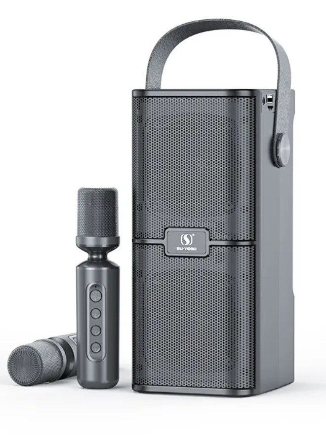 Bluetooth speaker with loud, clear sound. A large Bluetooth speaker with long battery life. A Bluetooth speaker with Type C charging port, microSD card and flash drive slots, and AUX input. Speakers with two karaoke microphones. A wireless Bluetooth speaker. - Image 1