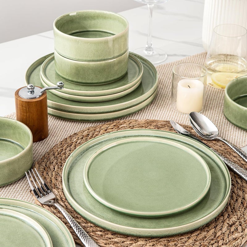 AmorArc أطقم أدوات المائدة الخزفية من AmorArc مصنوعة يدويًا بألوان تفاعلية أطباق وأوعية خزفية مقاومة للتشقق والرقائق آمنة في غسالة الصحون والميكروويف مجموعة خدمة لـ 4 أشخاص 12 قطعة - Image 5