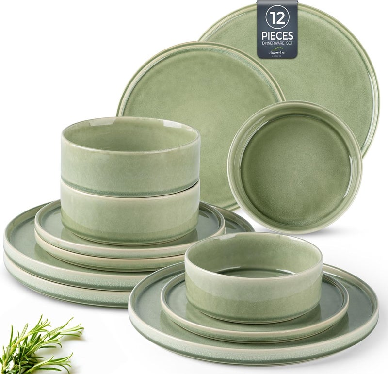 AmorArc أطقم أدوات المائدة الخزفية من AmorArc مصنوعة يدويًا بألوان تفاعلية أطباق وأوعية خزفية مقاومة للتشقق والرقائق آمنة في غسالة الصحون والميكروويف مجموعة خدمة لـ 4 أشخاص 12 قطعة - Image 1