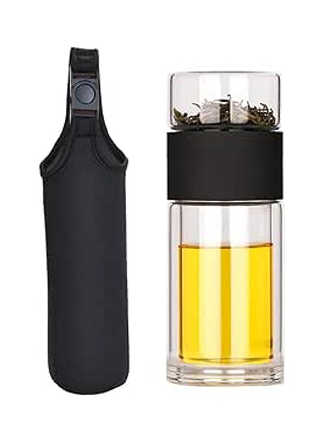 YelaJoy 350ML Glass Tea Infuser,Bottle Tea Flood Cup,Double Wall Portable Travel Tumbler Mug,Leakproof Tea Bottle with Strainer Carry,Tea water separating cup,Travel Mug-Black with CUP Sleeve  - Image 1