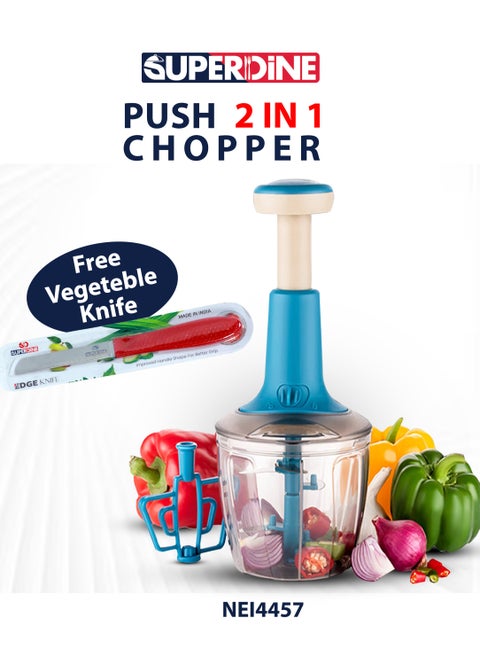 2-in-1 Push Chopper with Free Vegetable Knife – Unbreakable 100ml Transparent Container, Extra Sharp Steel 6 Blades with Lock/Unlock System