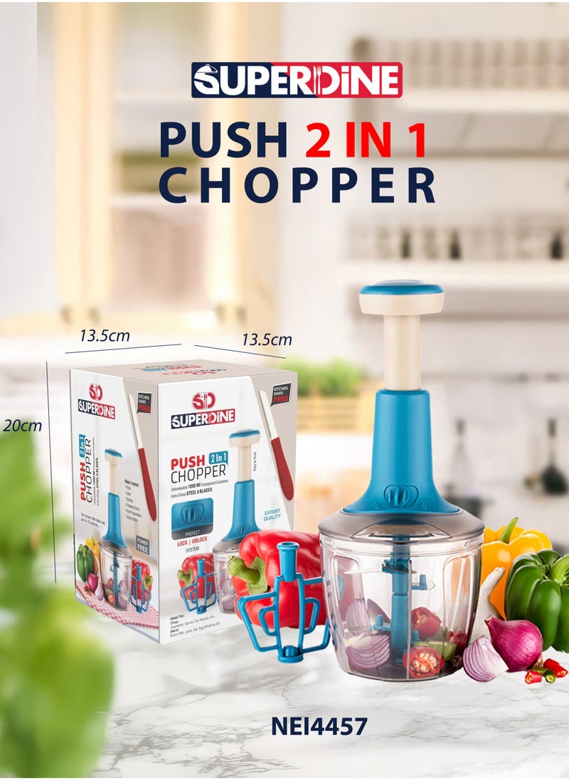 SUPERDINE - 2-in-1 Push Chopper with Free Vegetable Knife – Unbreakable 100ml Transparent Container, Extra Sharp Steel 6 Blades with Lock/Unlock System - Image 1