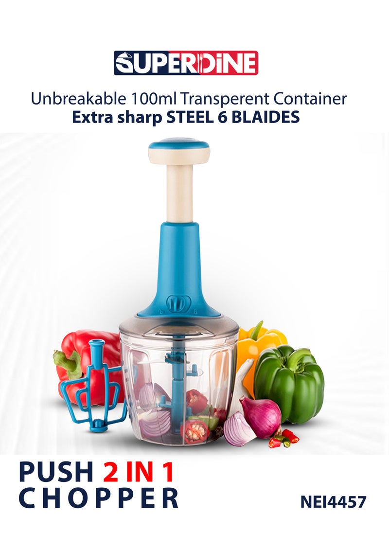 SUPERDINE - 2-in-1 Push Chopper with Free Vegetable Knife – Unbreakable 100ml Transparent Container, Extra Sharp Steel 6 Blades with Lock/Unlock System - Image 1