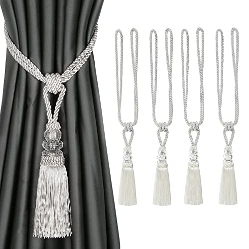 BEL AVENIR 4 Pack Curtain HandWoven Tiebacks Crystal Holdbacks Home Decorative White 4 Pack