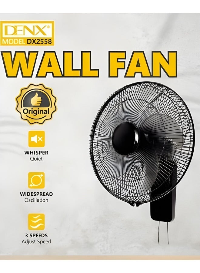 Denx 16 Inch Wall Fan High Performance Fan with 3 Speed ​​Controls, 5 Leaf Blades and 2 Pull Cord Adjustable Tilt Angle and Efficient Cooling - Image 2