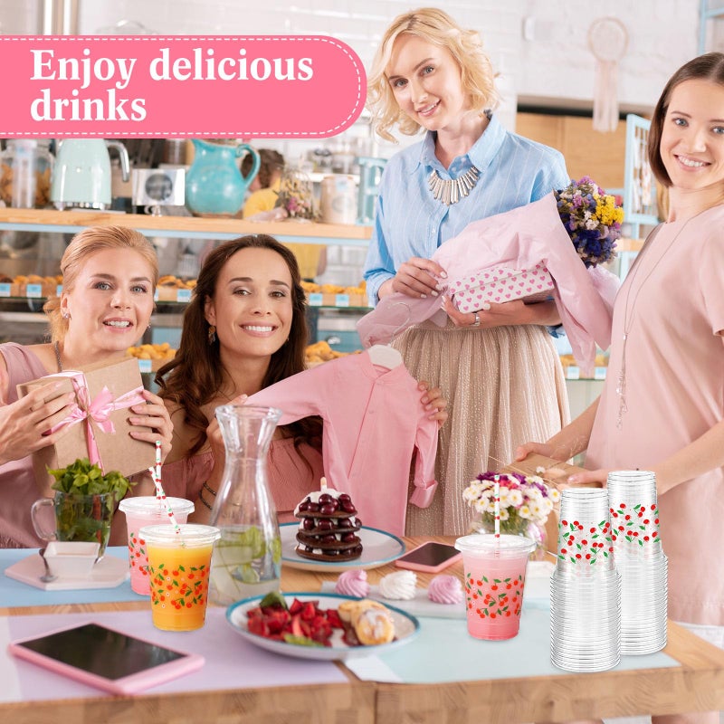 Funnymoom 50 Sets Cherry Disposable Plastic Cups Bulk with Lids Straws 16 oz Red Cherry Clear Plastic Cups Flower Cold Beverage Drinking Container for baby shower Birthday Daily Holiday Party Supplies - Image 3