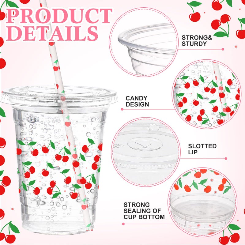 Funnymoom 50 Sets Cherry Disposable Plastic Cups Bulk with Lids Straws 16 oz Red Cherry Clear Plastic Cups Flower Cold Beverage Drinking Container for baby shower Birthday Daily Holiday Party Supplies - Image 2