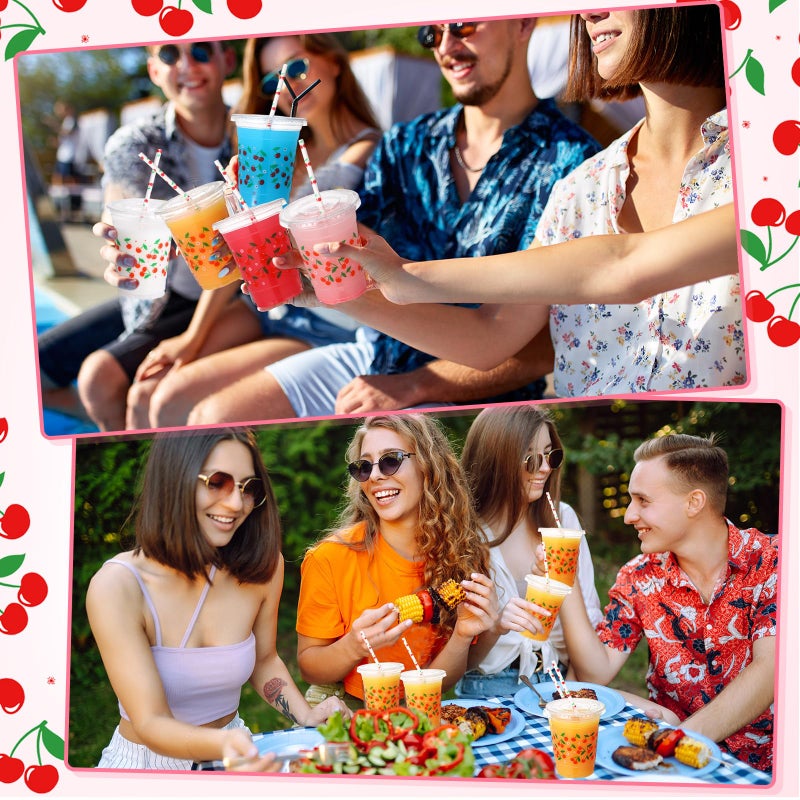 Funnymoom 50 Sets Cherry Disposable Plastic Cups Bulk with Lids Straws 16 oz Red Cherry Clear Plastic Cups Flower Cold Beverage Drinking Container for baby shower Birthday Daily Holiday Party Supplies - Image 4