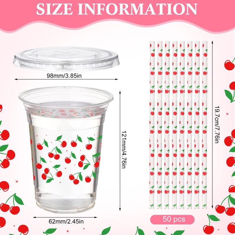 Funnymoom 50 Sets Cherry Disposable Plastic Cups Bulk with Lids Straws 16 oz Red Cherry Clear Plastic Cups Flower Cold Beverage Drinking Container for baby shower Birthday Daily Holiday Party Supplies - Image 1