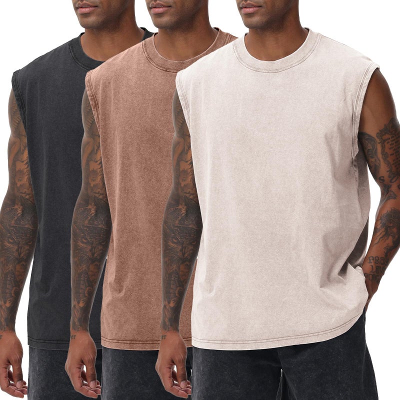 SnowElve 3 Pack Mens Workout Tank Tops Sleeveless Tee Shirts Men Muscle Shirt Gym Acid Wash T Shirts Running Beach Loose Fit Tee(ACCFBK,XL) - Image 1