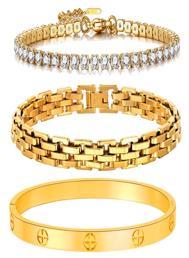 MVCOLEDY 18K Gold Plated Love Bangle Bracelet Set Cubic Zirconia Classic Stainless Steel Adjustable CZ Gold Tennis Love Bracelets Stack for women (Wristband Set) - Image 1