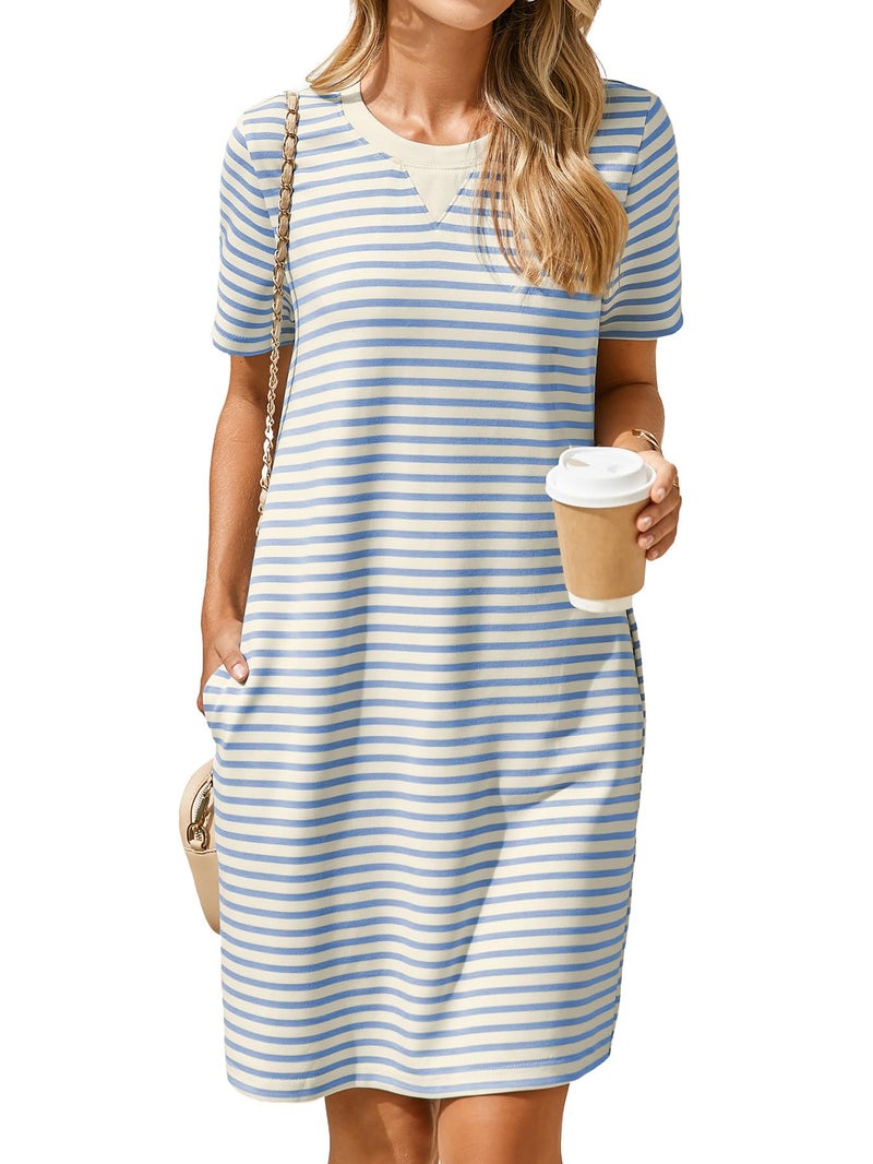 Glamaker Women Summer Tshirt Shift Dress Casual Striped Short Sleeve Crew Neck Knee Length Comfy Dress with Pockets (Blue Stripe M) - Image 1